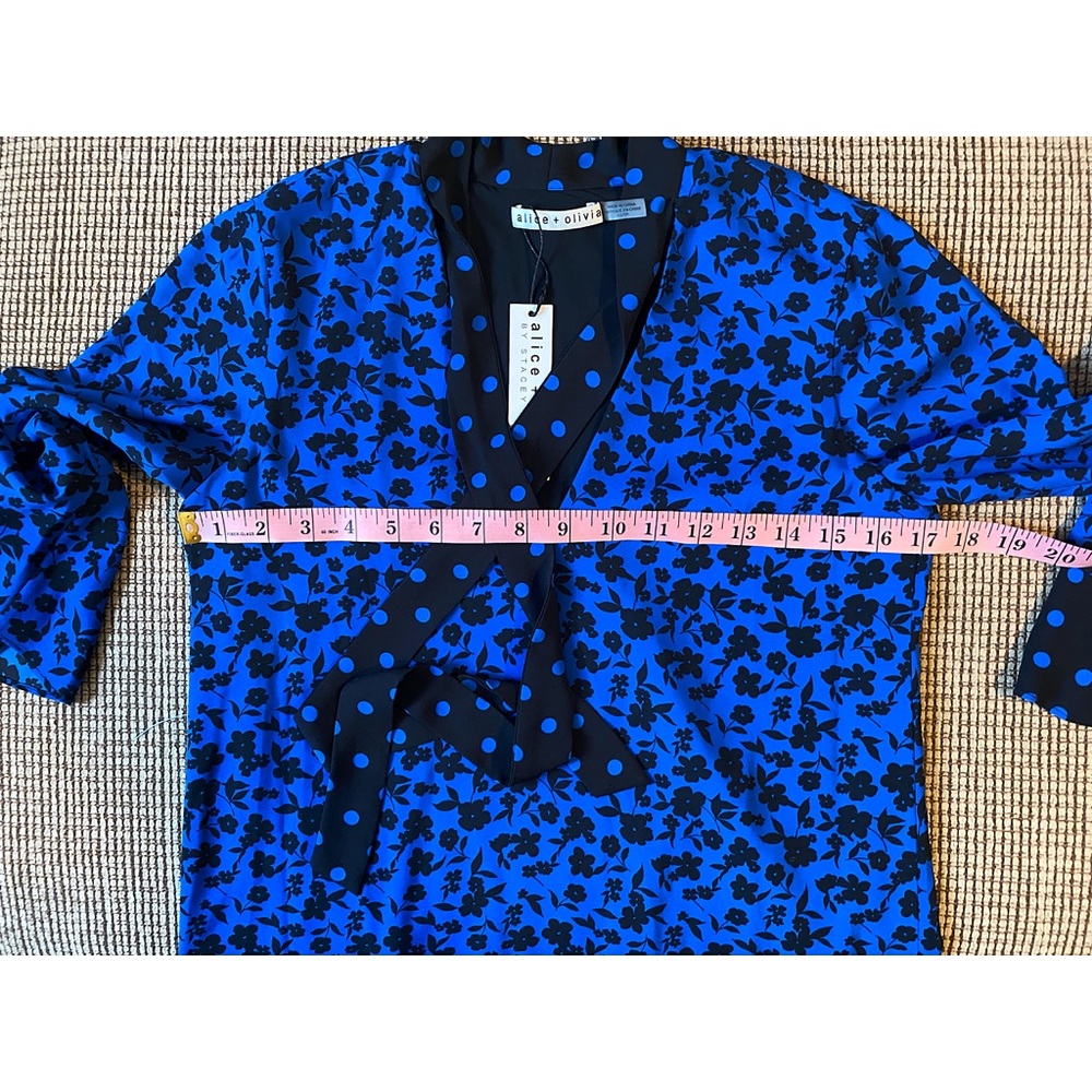 Alice + Olivia Wellesly Mixed Print Tie Neck Blue Black Mini Dress - Picture 10 of 16
